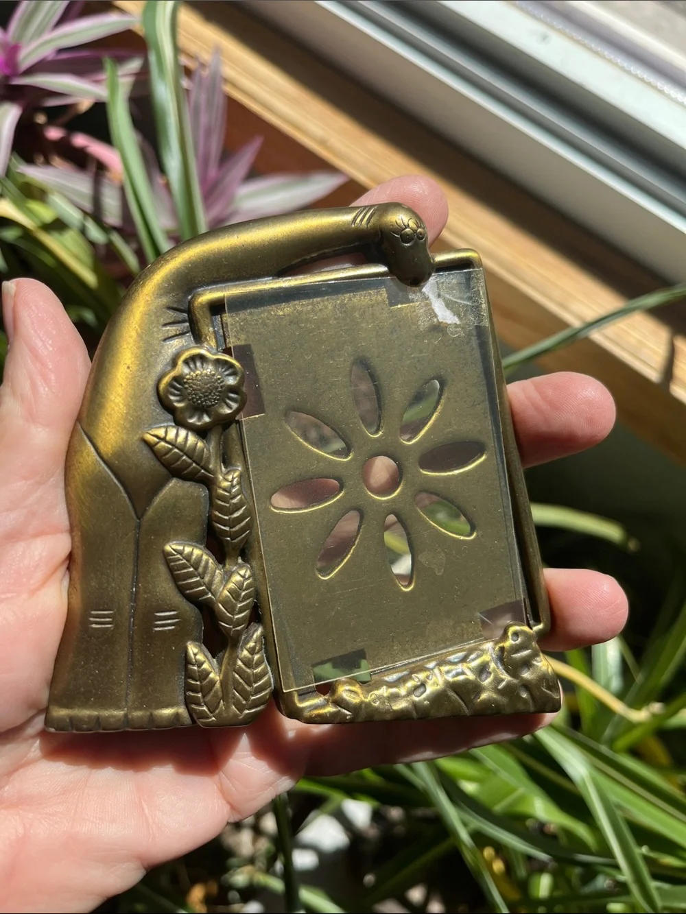 2 Vtg Sears Portrait Studio Dinosaur Sunflower Picture Frames Gold Tone Brass